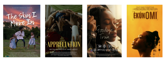 Four film posters in a row: children dancing outdoors, hands forming a circle over a woman, a woman with eyes closed and head touching another, and a woman looking up in golden light with "EKUNOMI" above—part of The New Black Film Collective film screening.