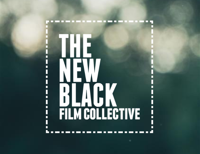 White bold text inside a dashed-line square reads “THE NEW BLACK FILM COLLECTIVE” against a blurred green and white bokeh background.