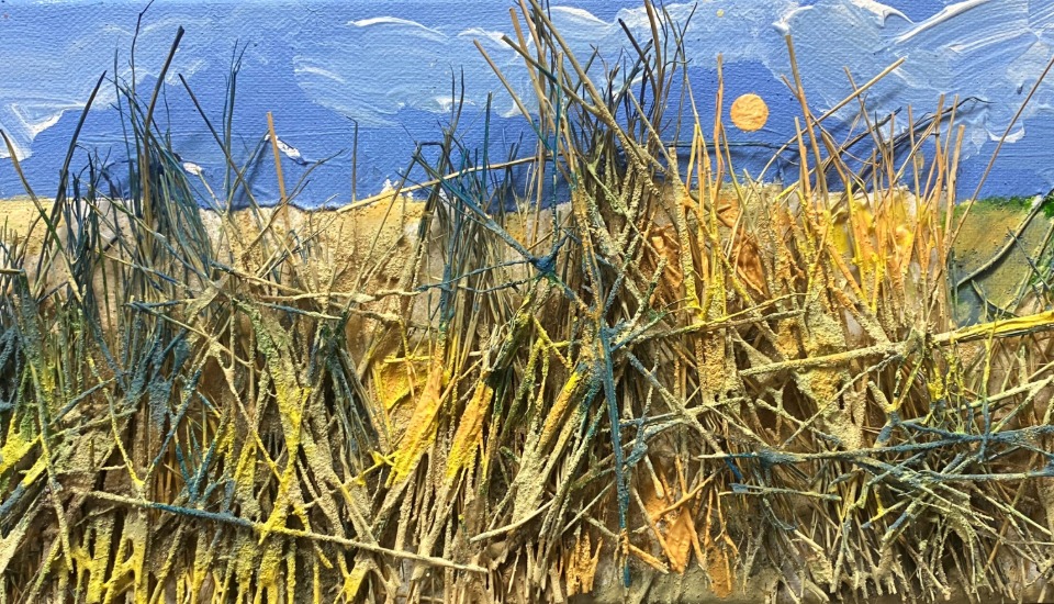 Textured painting of tall, wild grasses in yellow, green, and blue under a bright blue sky with a yellow sun. The brushstrokes are thick and expressive, giving a sense of depth and movement in the field.